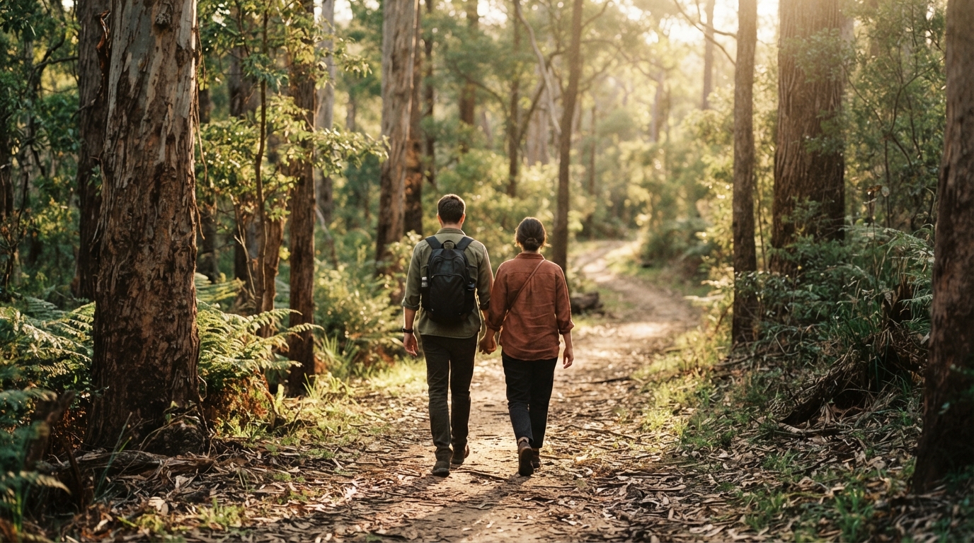 Partners walking hand in hand during a restorative couples retreat in the countryside.