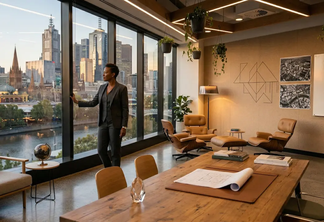A confident female executive looking out over the Melbourne skyline, dressed in professional attire, looking calm and focused.