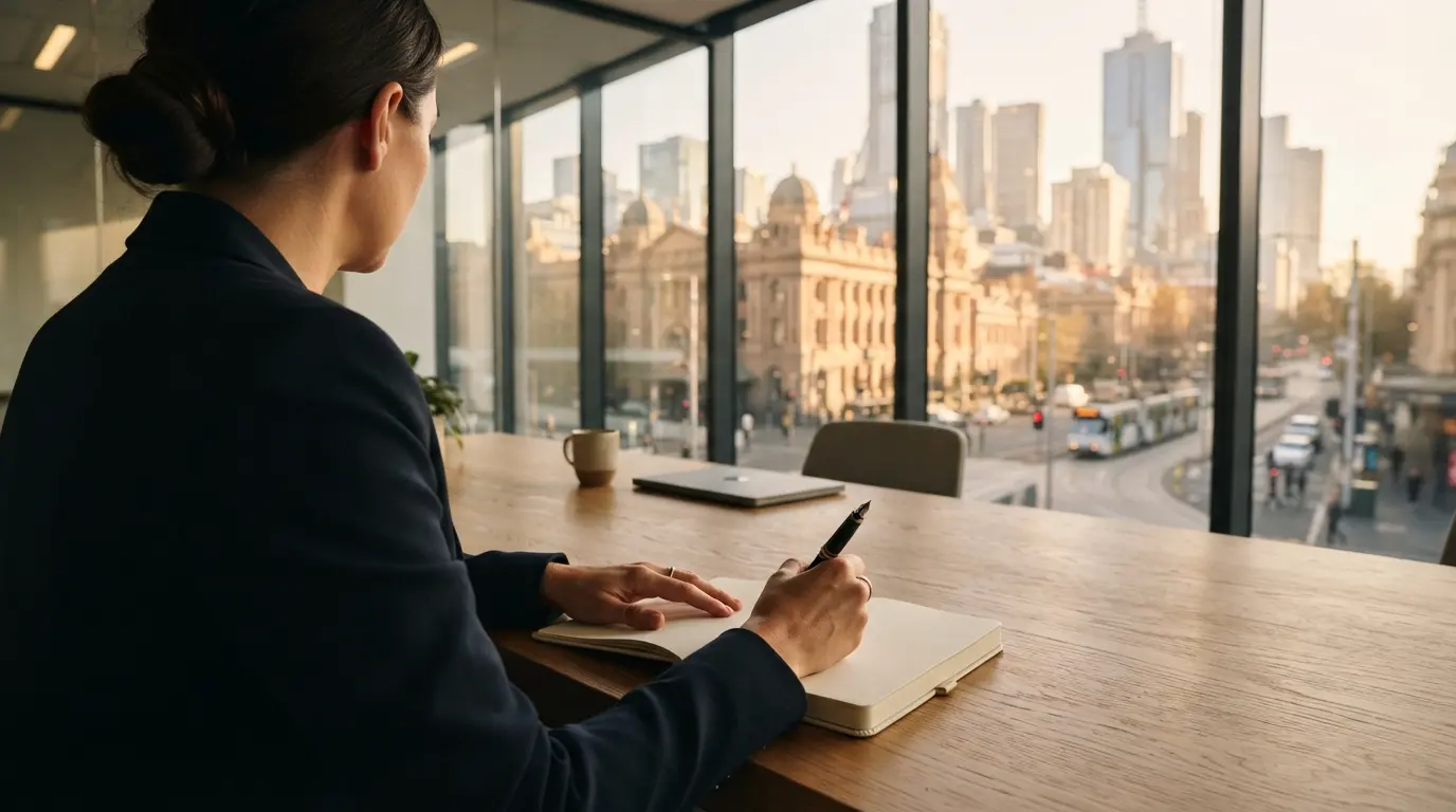 Senior professional taking notes while learning how to choose an executive coach in a Melbourne boardroom.