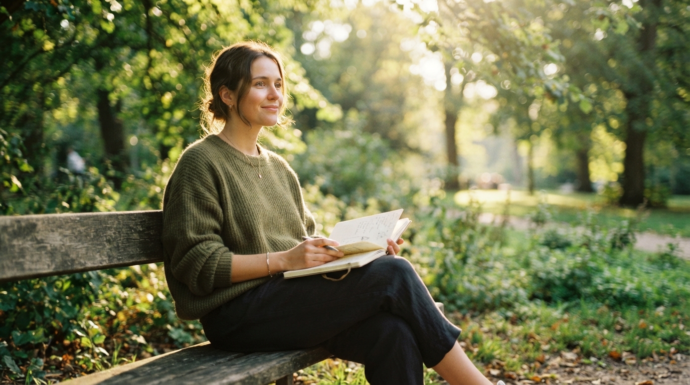 A person sitting at a tidy wooden desk thinking about stress spending and money habits.