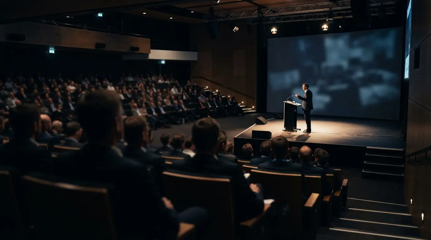 Audience watching motivational speakers present on an event stage in Melbourne.