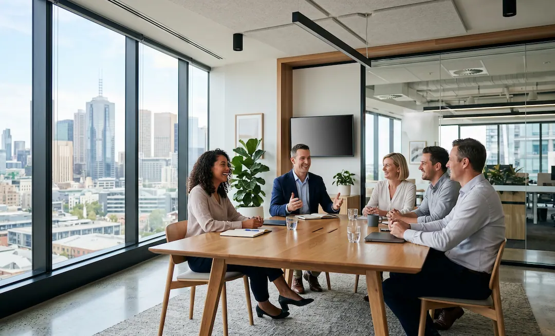 A professional mentor teaching conflict resolution skills to a calm business team in Melbourne.