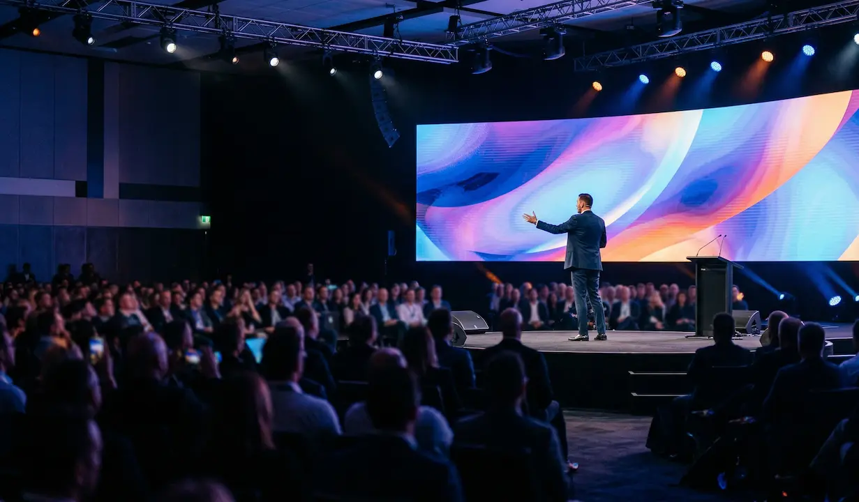 A speaker standing on a stage with bright lights, holding a microphone and gesturing to a large crowd.