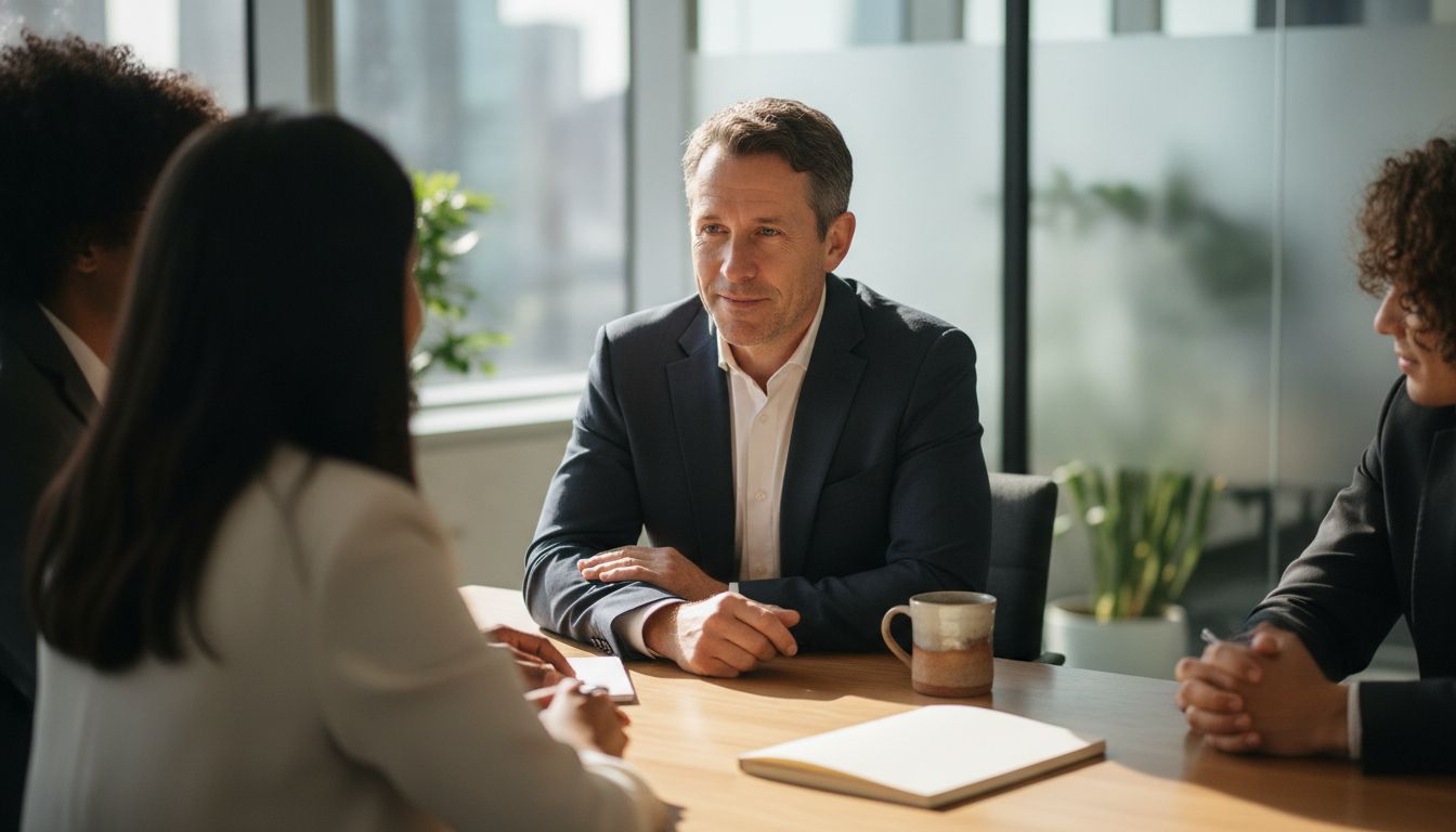 A professional mentor explaining personal transformation to an executive client