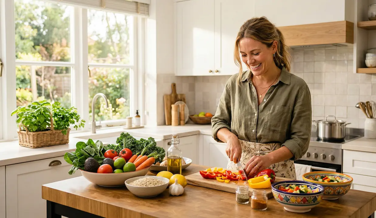 A vibrant display of fresh vegetables, a glass of water, and a person tieing their running shoes, representing a balanced lifestyle.
