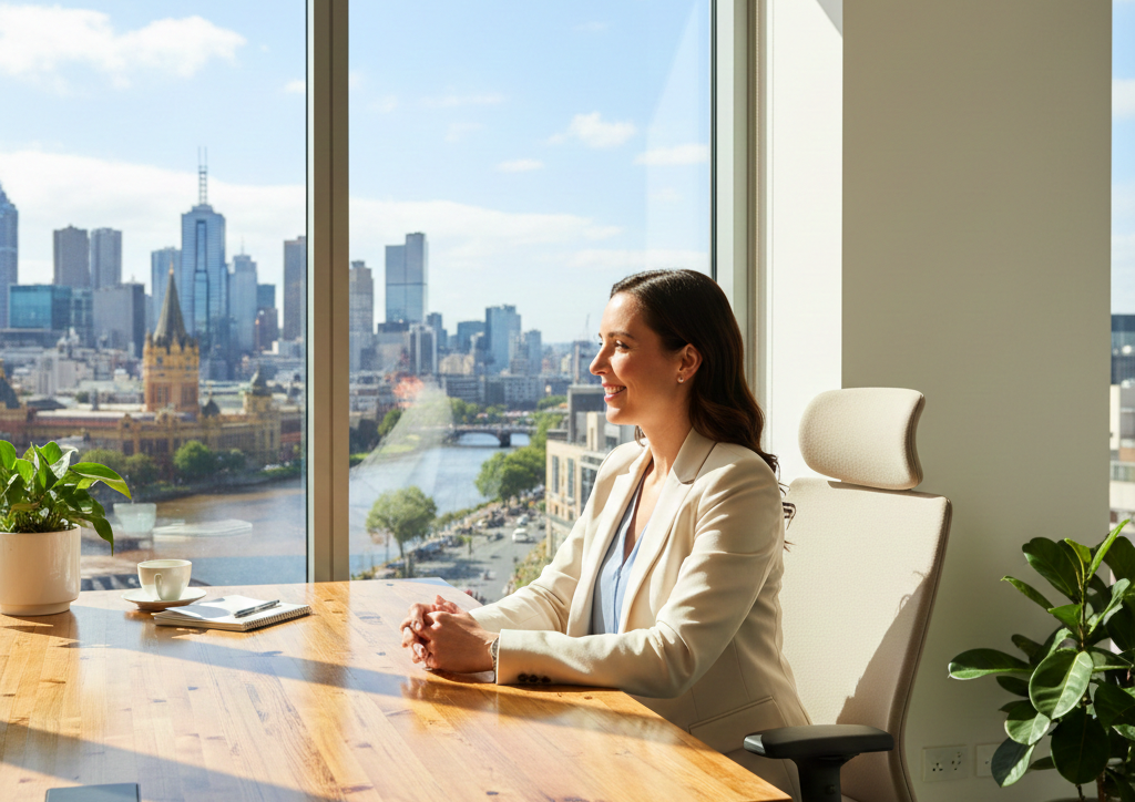 A calm professional sitting at a wooden desk in a bright Melbourne office, looking out a window with a peaceful smile.