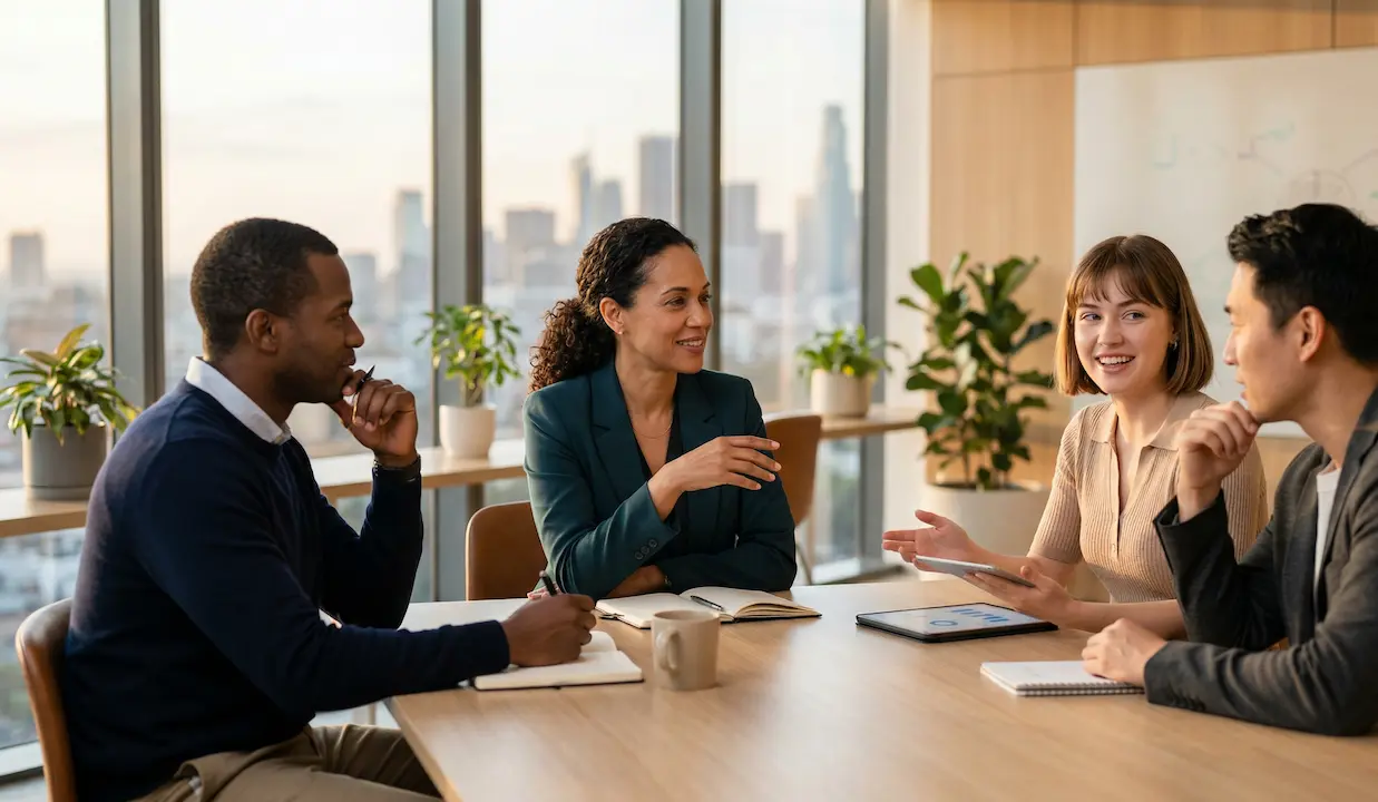 A diverse group of professionals in a bright office, listening intently to a leader who is speaking with a calm and open posture.
