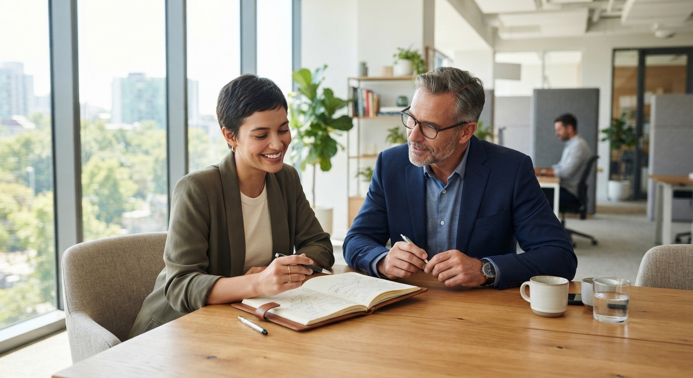A small business coaching mentor reviewing daily habits with a founder in a bright office.