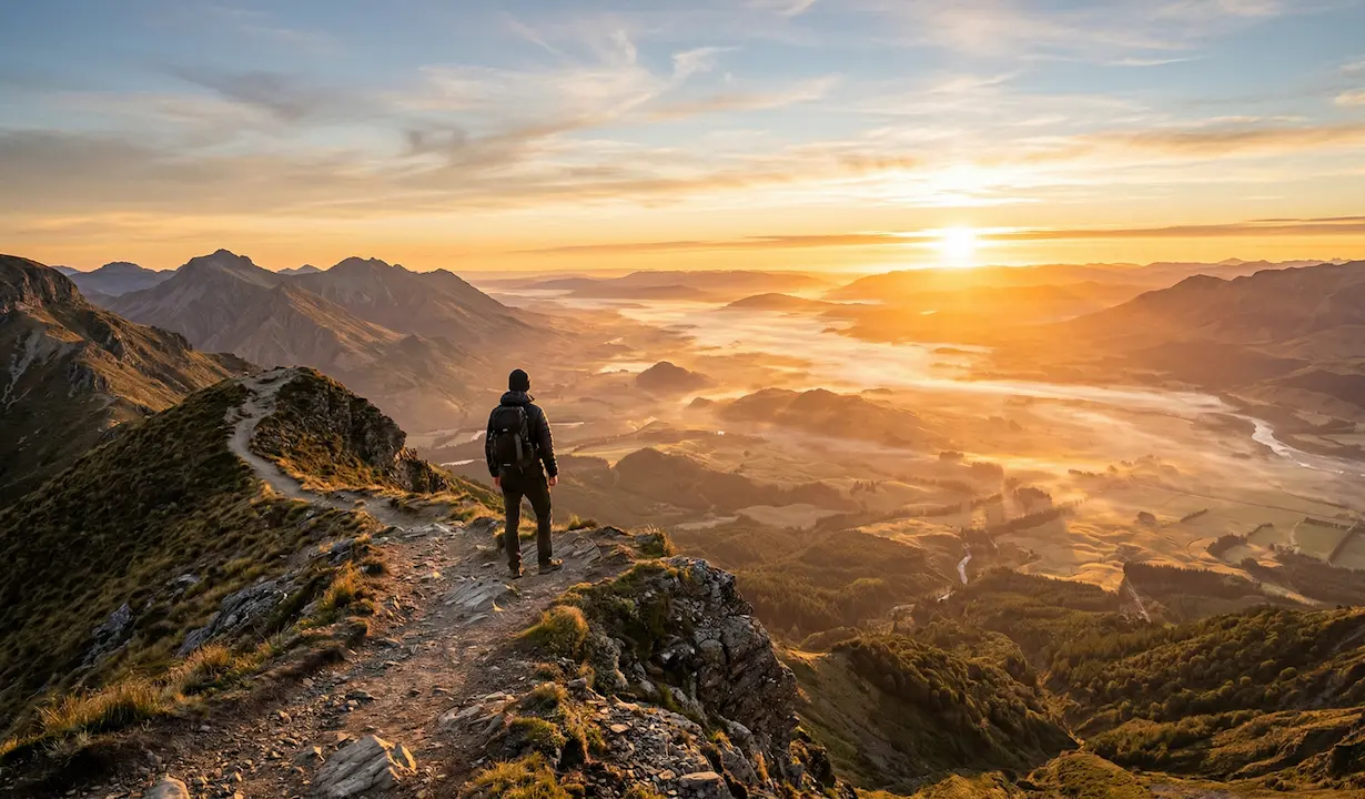 A calm person looking out over a wide, sunlit horizon with a clear path ahead.