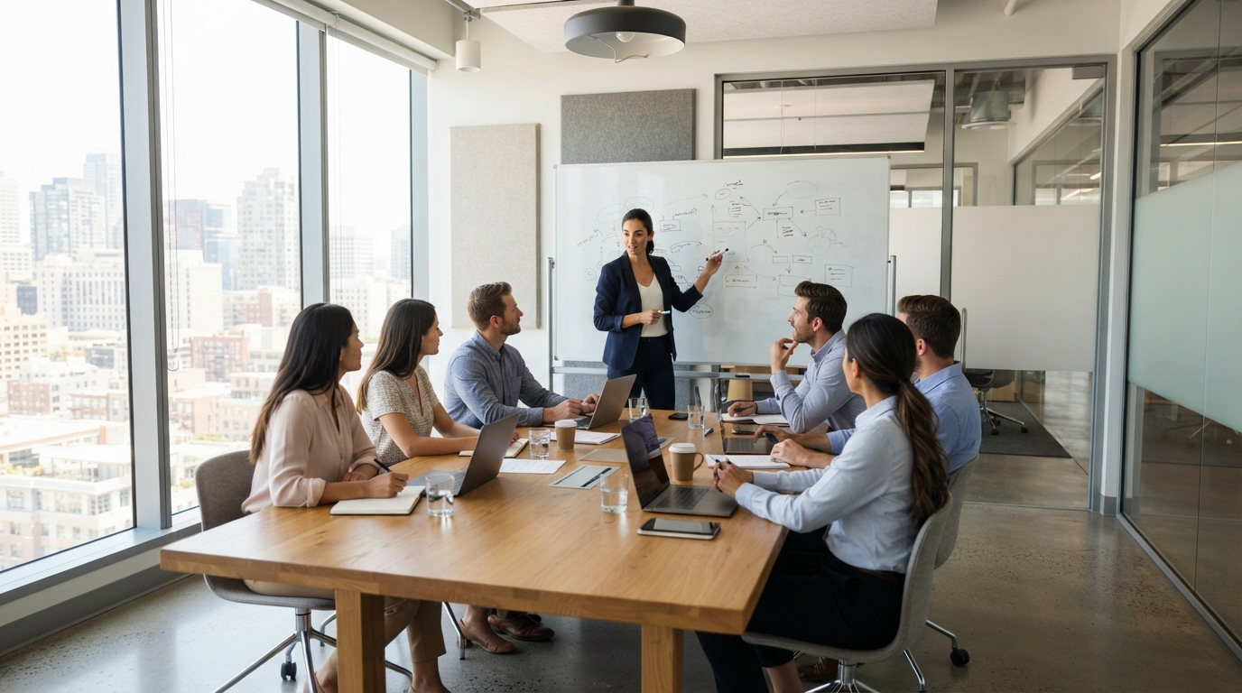 A professional mentor delivering business coaching to a team around a table.