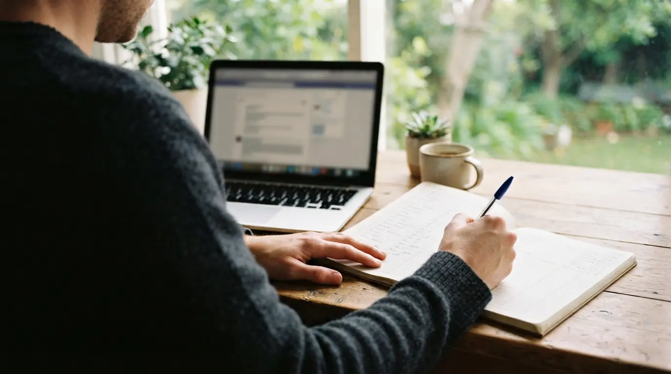 An individual reviewing a ledger comparing money mindset coach vs financial advisor services.