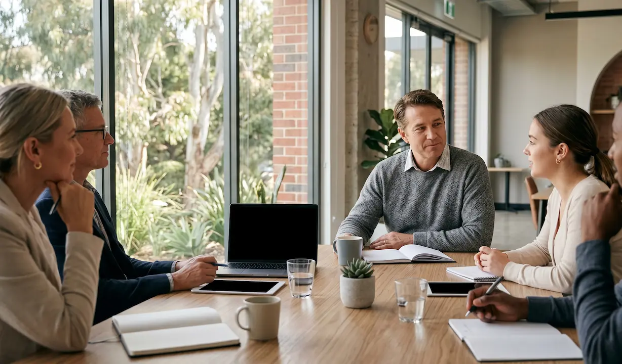 A corporate team experiencing the benefits of mindful leadership in a modern office.