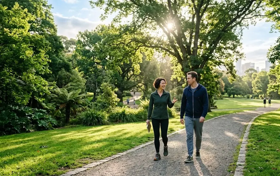 A person looking to find top-rated health and wellbeing coaches in Melbourne during a peaceful outdoor walk.