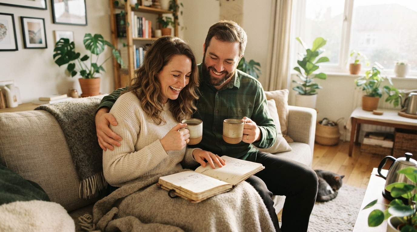 Couple sitting together peacefully discussing how couples can align their money mindset
