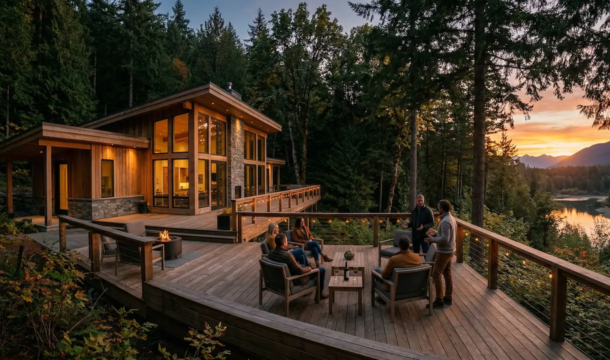 A group of executives sitting in a circle in a beautiful, natural outdoor setting, engaged in an earnest conversation.