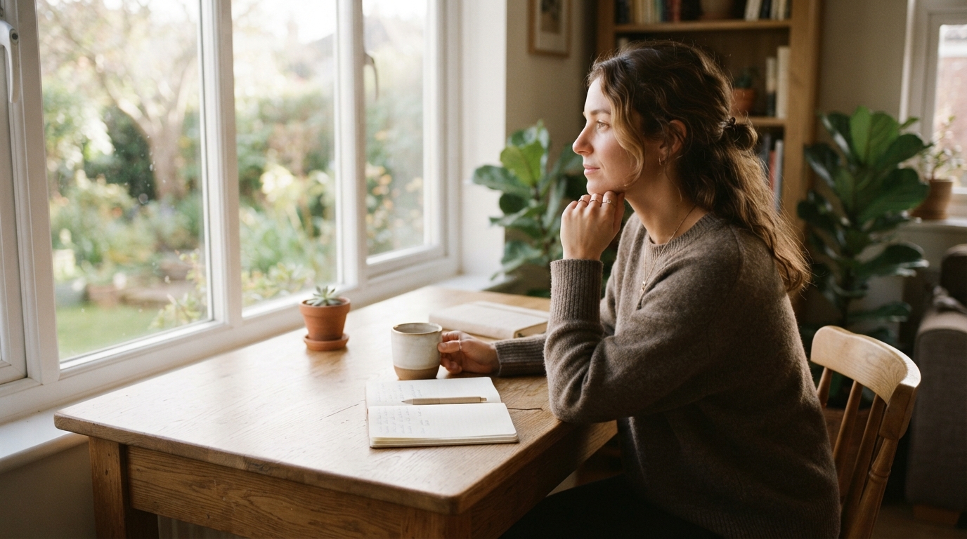 A calm business owner sitting by a window learning how to escape survival mindset running a business.