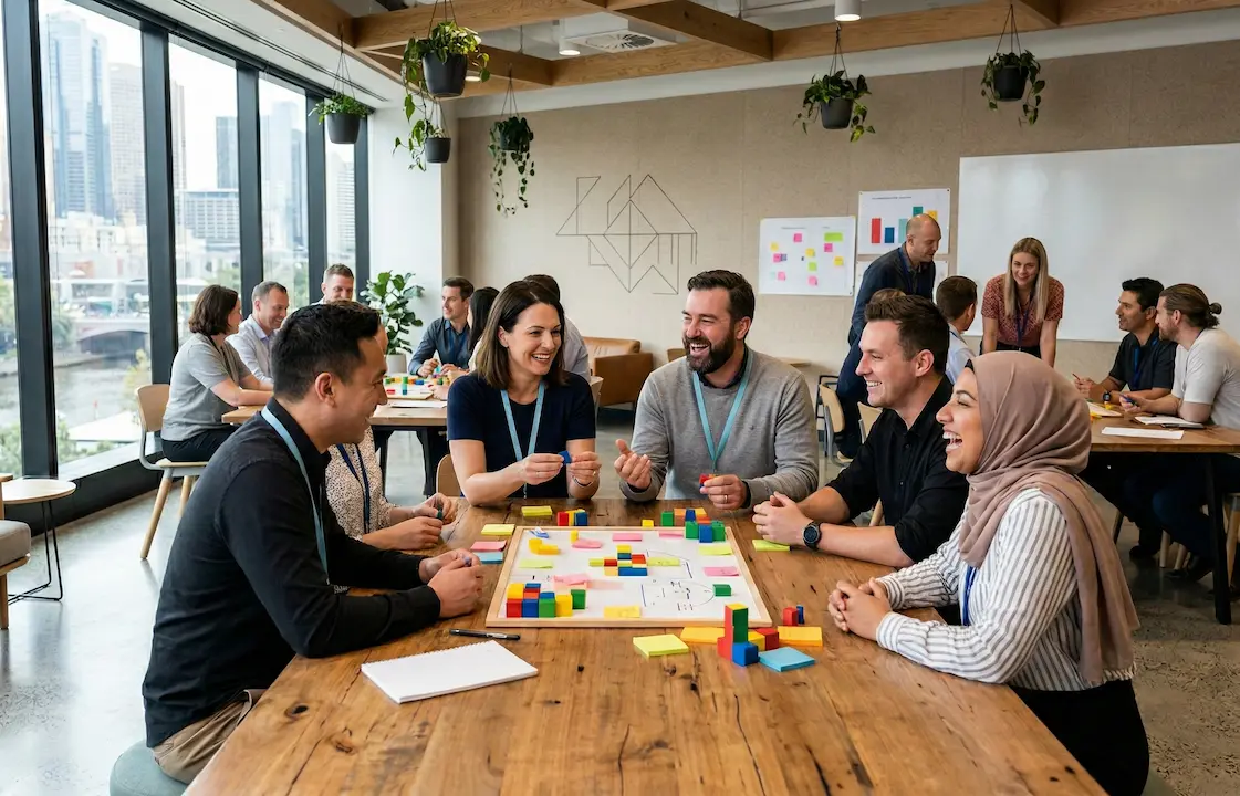 A professional group of diverse workers in a bright Melbourne office laughing and collaborating during a wellness workshop led by a coach.
