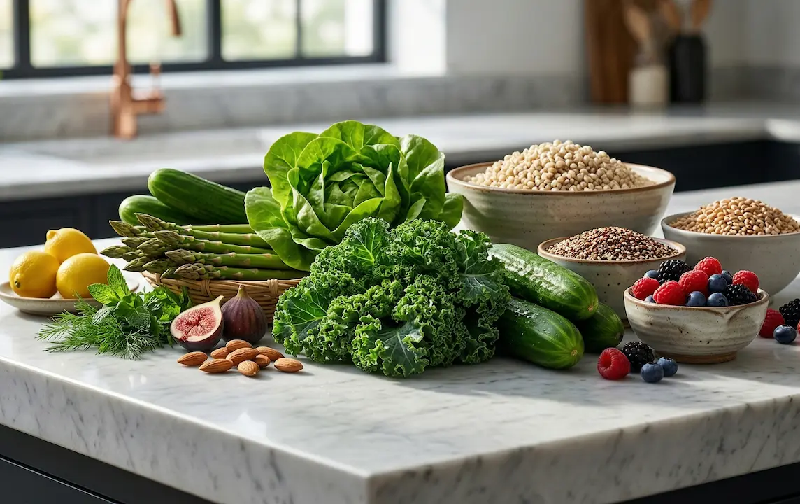 A bright kitchen table filled with colourful whole foods like avocados, berries, nuts, and a glass of water, with a person's hand reaching for a piece of fruit.