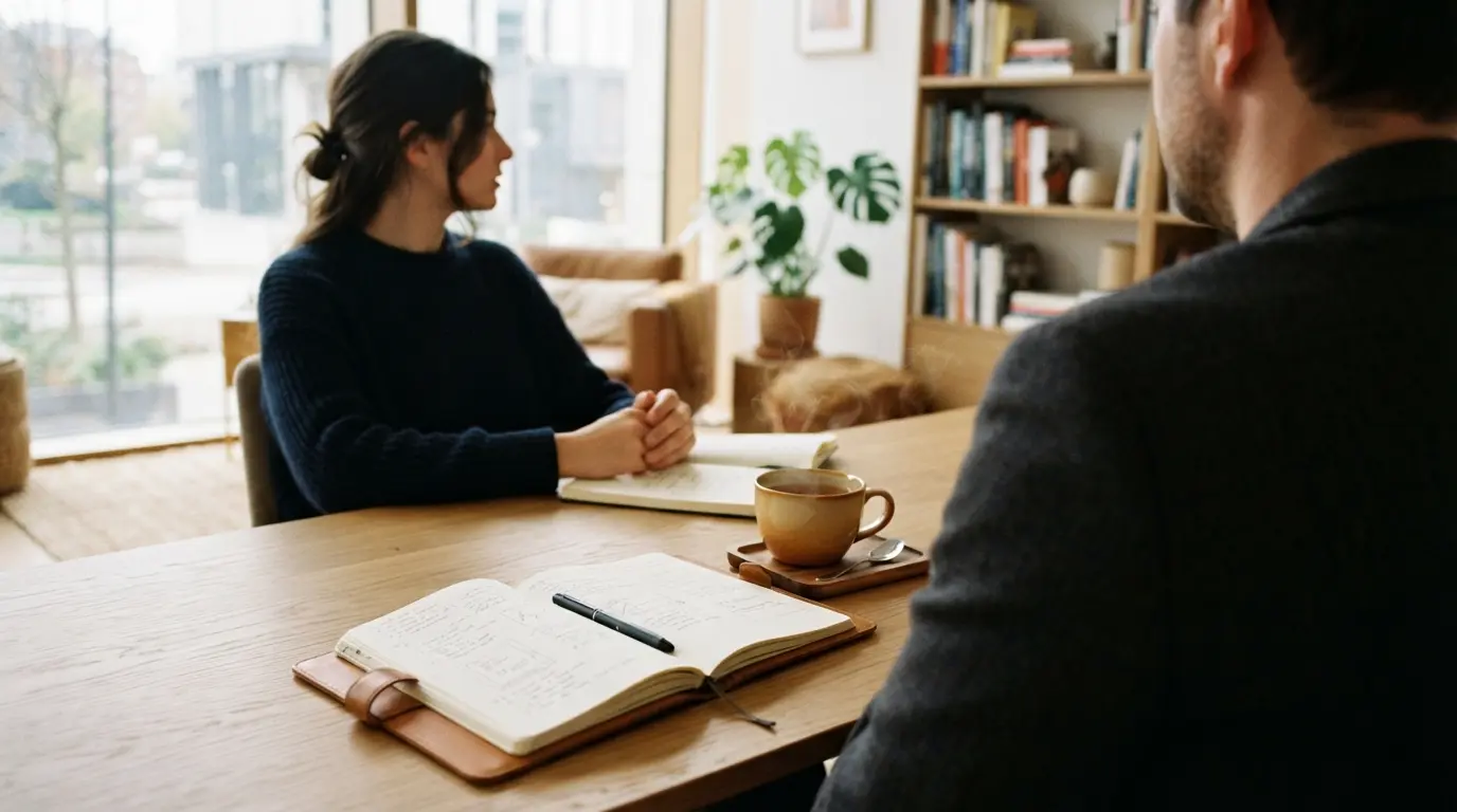 Professional dating coach guiding a client through personal values during a private session.
