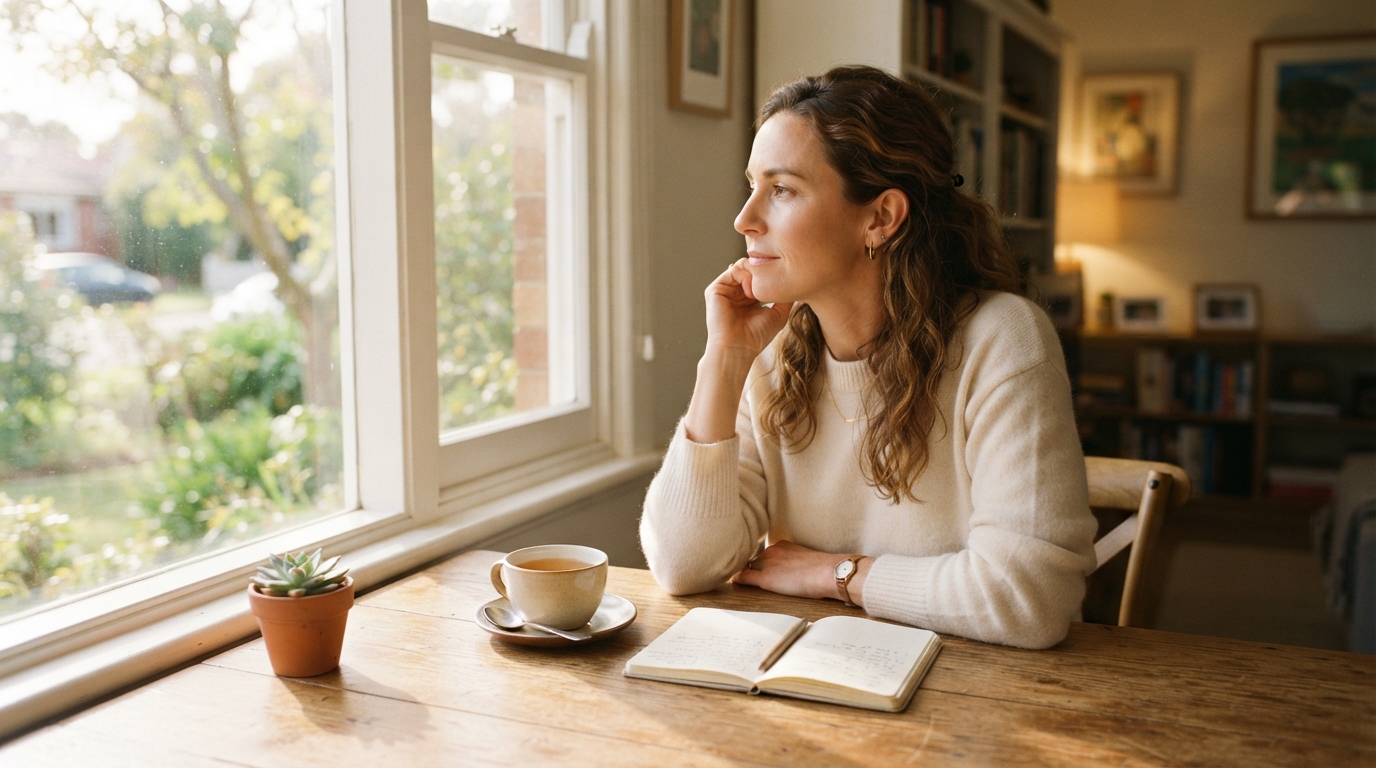 A calm person sitting in a bright room reflecting on how to stop feeling unworthy of higher pay