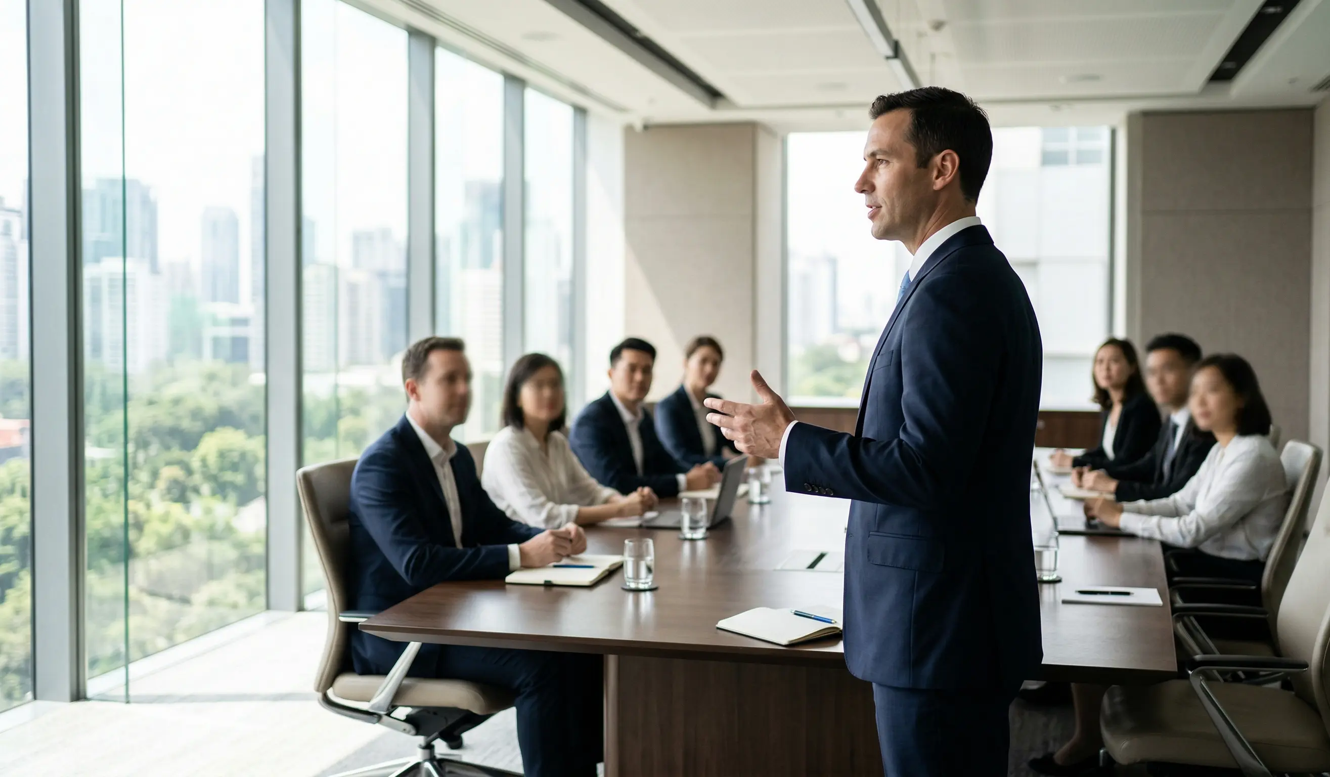 A leader standing confidently at the head of a boardroom table, using open hand gestures while speaking to an engaged team.