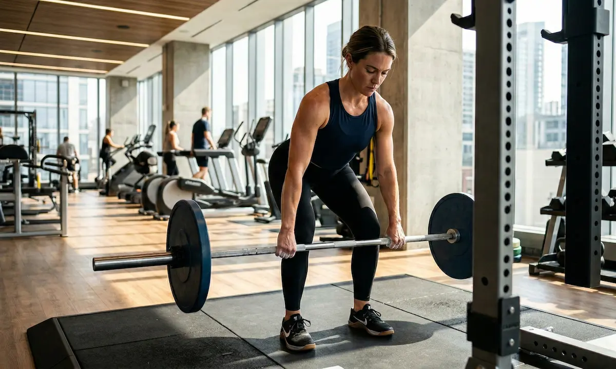 A woman lifts a barbell with heavy weights, exhibiting strength in a bright, modern gym with city views.