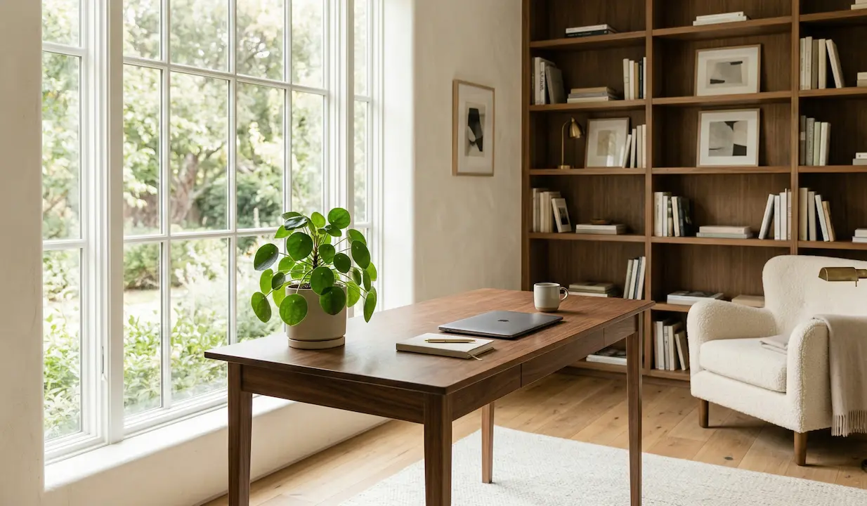 Description: A bright office with a sunlit window and a person smiling at a laptop.